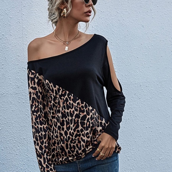 black Leopard print off shoulder long sleeve top - Picture 2 of 15